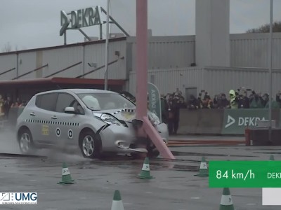 Δοκιμή μετωπικής πρόσκρουσης Nissan Leaf από τον οργανισμό DEKRA